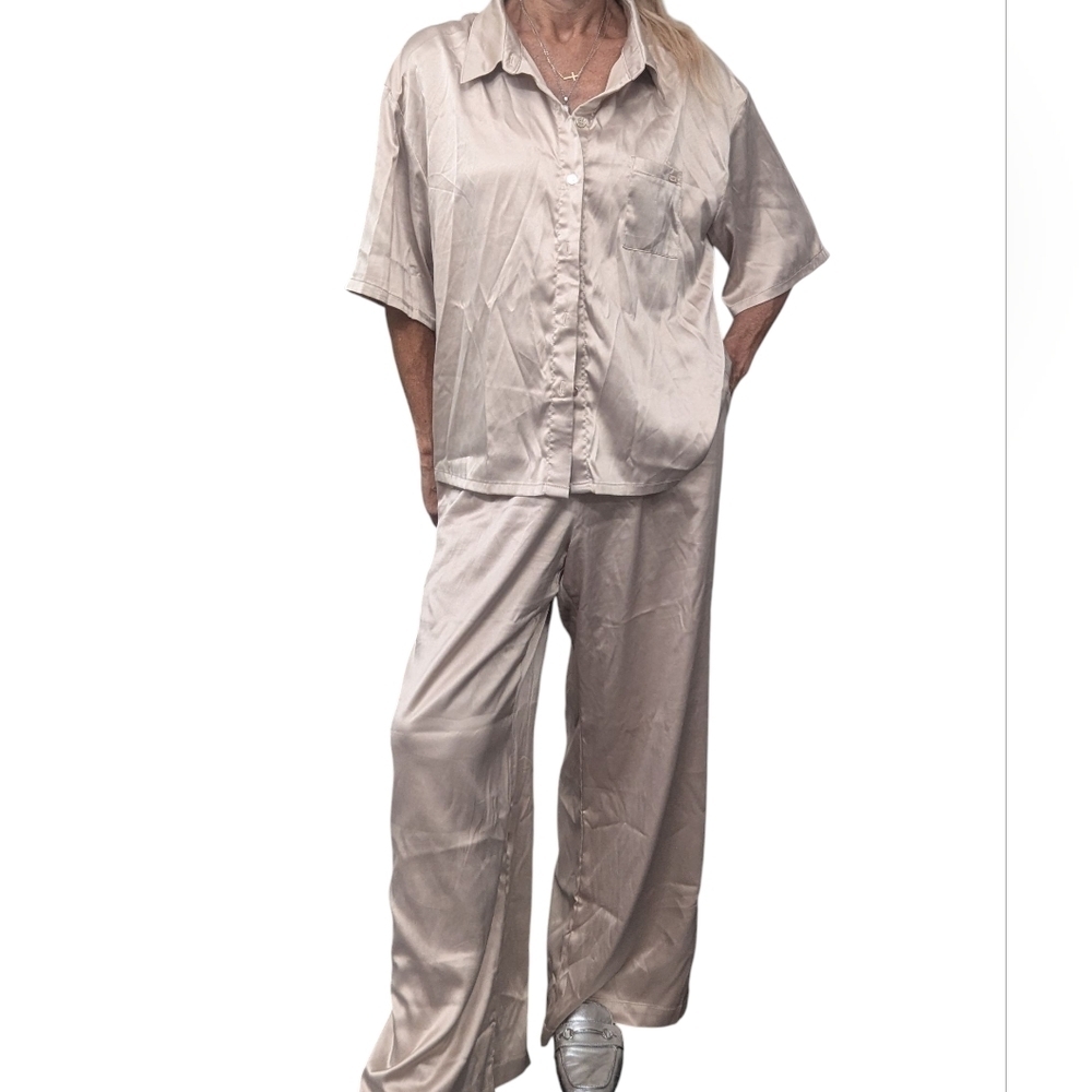 Jason Wu Champagne Satin Pajama Set L 2 Piece Wide Leg Loungewear